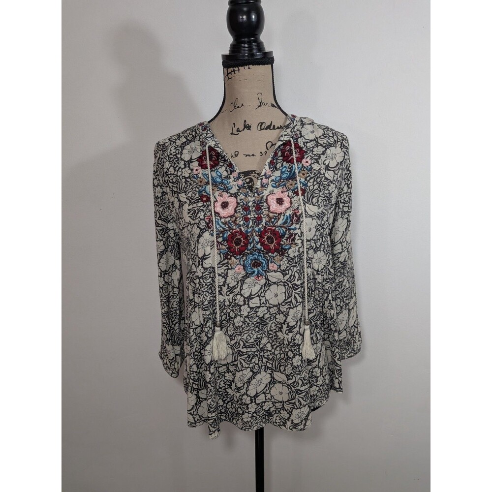 Vintage America Embroidered Floral Blouse Top Tassels 3/4 Sleeves Women's Size S